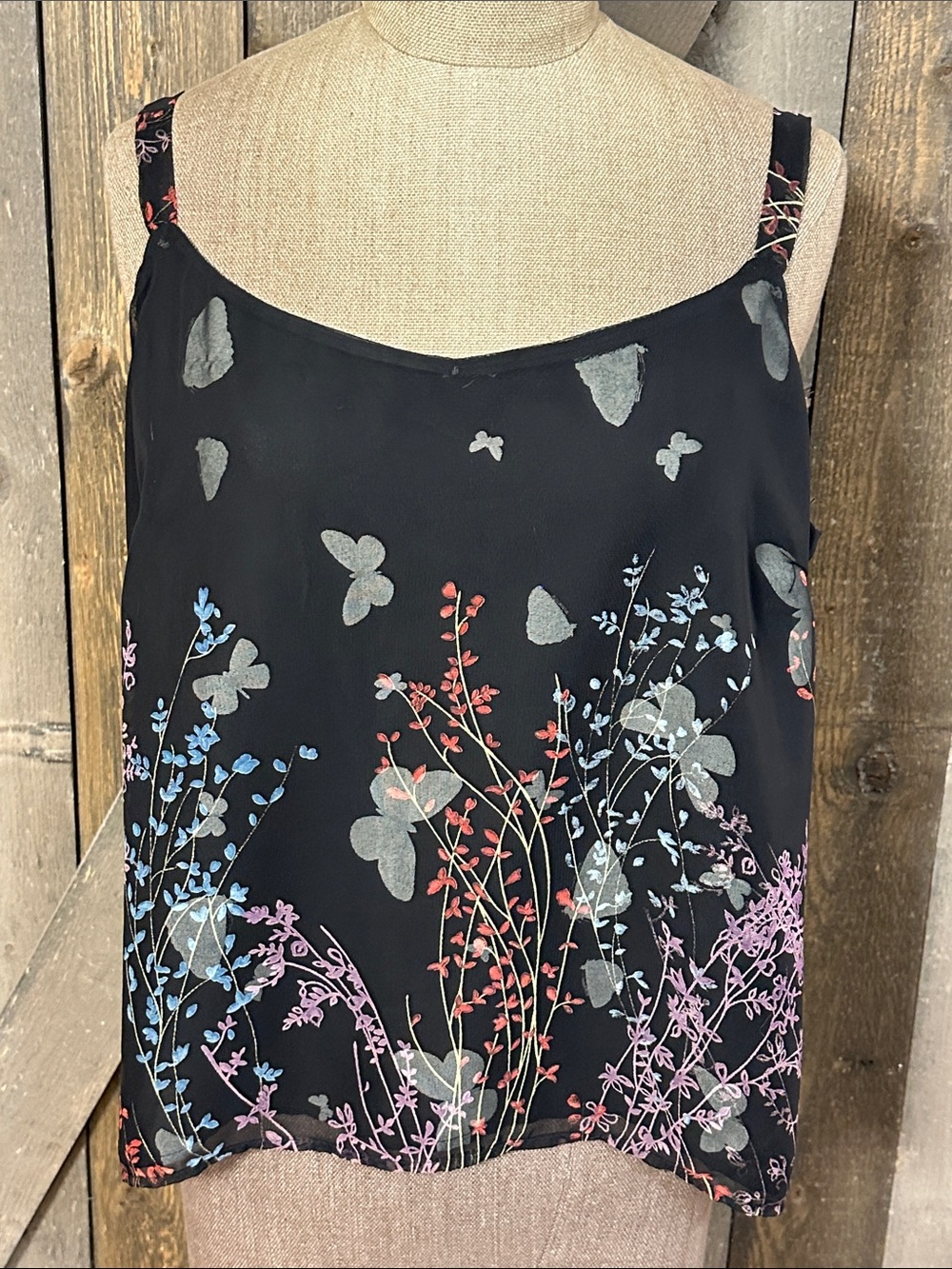 Vintage Carole Little Sheer Layered Chiffon Floral Butterfly Tank Top Size 14